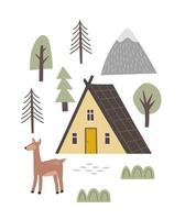Forest house booking and rent. Modern apartments for rest on nature, mountain lodge at national park area, camping. Hand drawn doodle scandinavian style. Vector hotel poster