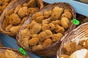 Natural peeling sponges with different shapes. Selective focus photo