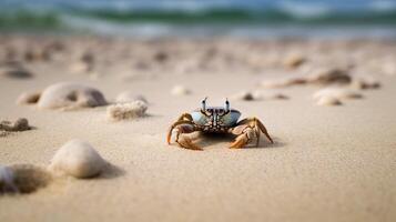 un playa escena con un cangrejo gateando en el arena. generativo ai foto