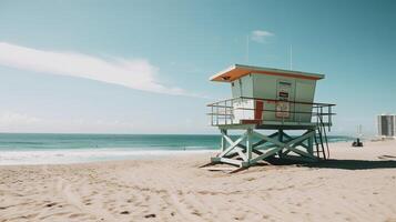 A beach scene with a lifeguard tower. photo