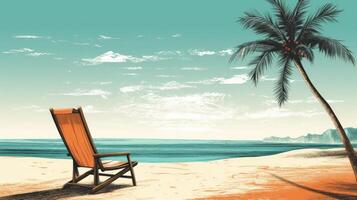 A beach scene with a palm tree and a beach chair. photo