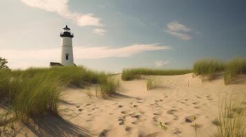 A beach scene with a lighthouse in the background. photo