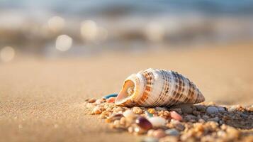 A beach scene with a seashell on a sandy beach. photo