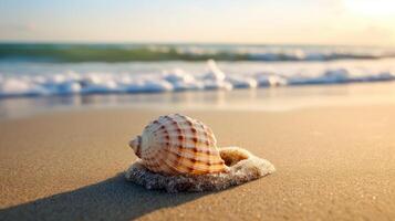 A beach scene with a seashell on a sandy beach. photo
