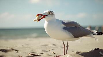 A beach scene with a seagull holding a clam in its beak. photo