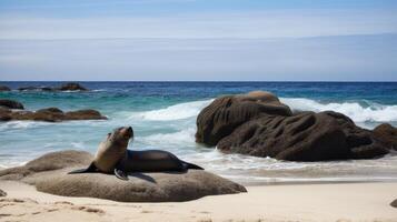 A beach scene with a sea lion resting on a rock. photo