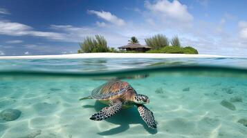 A beach scene with a sea turtle swimming in the water. photo