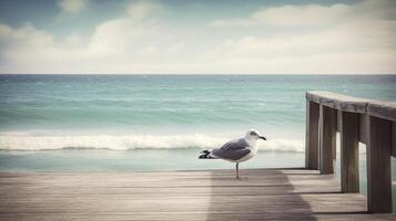 A beach scene with a seagull perched on a pier. photo