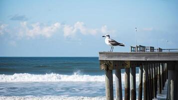 A beach scene with a seagull perched on a pier. photo