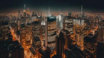 A city skyline with tall buildings and bright lights. photo