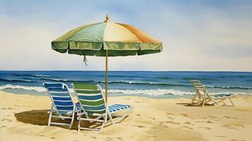 A beach scene with a parasol and beach chairs. photo