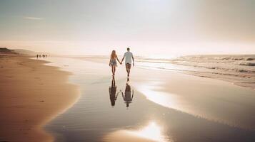 A beach scene with a couple walking hand in hand. photo