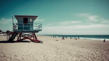 A beach scene with a lifeguard tower. photo