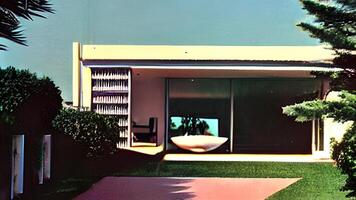 medio siglo moderno estilo casa con vista a el Oceano generado ai foto
