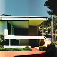 medio siglo moderno estilo casa con vista a el Oceano generado ai foto