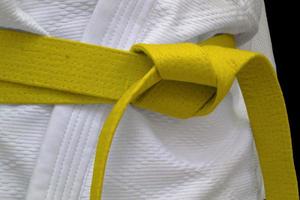 Yellow obi sash tied around a gi photo