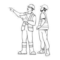 Builders discussing construction plan. Outline worker people. Business concept. Vector. vector