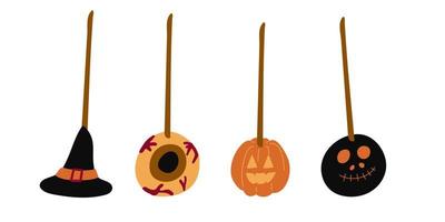 Halloween sweet lollipops, round hard sugar candies on stick. Vector cartoon set of caramel suckers with swirly patterns, bonbon on stick with pattern of stripes, eyeball and drips