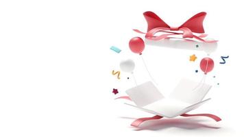 Exploded 3d gift box with red bow ribbon, isolated on white background. Present giftbox with empty space, 3d rendering photo