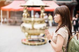 woman traveler visiting in Taiwan, Tourist with hat sightseeing in Longshan Temple, Chinese folk religious temple in Wanhua District, Taipei City. landmark and popular. Travel and Vacation concept photo