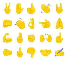 Hand gesture emojis icons collection. Handshake, biceps, applause, thumb, peace, rock on, ok, folder hands gesturing. Set of different emoticon hands isolated vector illustration.