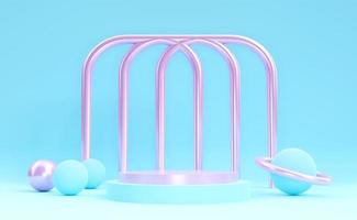 Pastel blue and pink podium with spherical objects sky blue background. Stand to show products. Stage showcase for presentation. Cute pedestal display. 3D rendering. Studio platform template. photo