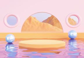 Yellow podium with blue spherical objects. Stand to show products. Stage showcase with mountain scene platform for presentation. Pedestal display. 3D rendering. photo