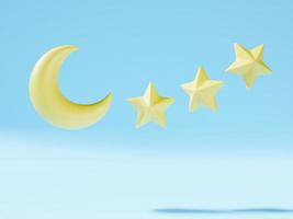 3D yellow crescent moon and 3 stars on blue background. 3D Rendering. photo