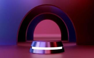Gradient purple podium with neon light line. Stand to show products. Stage showcase with colorful scene for presentation. Pedestal display. 3D rendering. Studio platform template photo