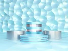 Set of light blue podium. Stand to show products. Stage showcase with luxury scene for presentation. Metallic elegant pedestal display. 3D rendering. Studio platform template. photo