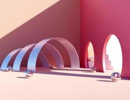 Modern city 3D background with light and shadow on pink walls. Abstract geometric swirl wallpaper with empty space. Studio platform template for product presentation. 3D rendering. photo