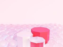 Pink and red podium with glass spherical objects. Modern and cute pedestal. Display scene stage platform showcase stand for products, cosmetic or healthcare advertising. 3D rendering. photo