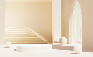 White podium with spherical objects on beige background. Stand to show products. Stage showcase with minimal scene for presentation. Pedestal display. 3D rendering. Studio platform template. photo