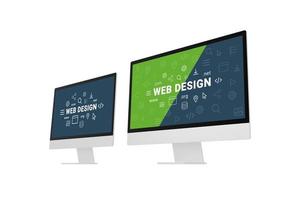 Web design studio concept with two computer displays and web design inscriptions and icons on them. Isolated on white photo