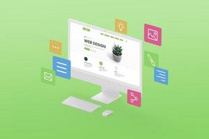 Designing a creative website concept. Display in isometric position with web page modules flying around the display on a green background photo