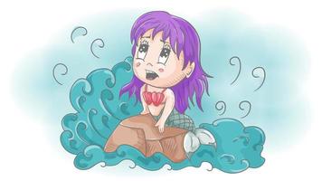 Little funny girl Chibi mermaid sitting on a stone in the middle of the water color contour vector illustration in the style of doodle