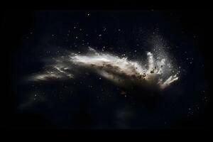 Abstract design of white powder snow cloud explosion on dark background photo