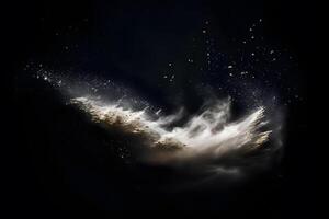 Abstract design of white powder snow cloud explosion on dark background photo