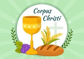 cuerpo christi católico religioso fiesta vector ilustración con banquete día, cruz, un pan y uvas en plano dibujos animados mano dibujado póster plantillas