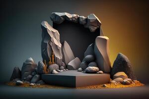 Realistic 3D stone theme podium for product display. photo