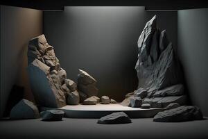 Realistic 3D stone theme podium for product display. photo