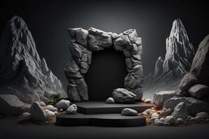 Realistic 3D stone theme podium for product display. photo