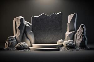 Realistic 3D stone theme podium for product display. photo