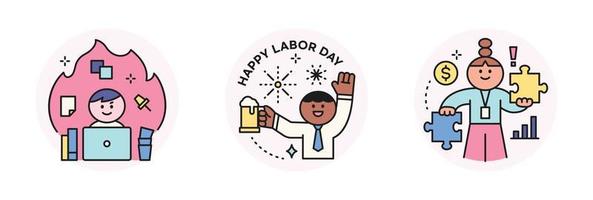 Labor Day. people who are working. A businessman working on fire, an office man drinking beer, and a character holding a puzzle in his hand. vector