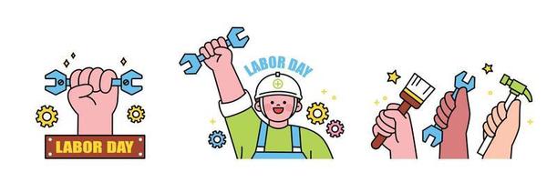 labor día. personas quien son laboral. un movimiento para de los trabajadores derechos. mano participación un herramienta. un personaje vistiendo un casco. vector