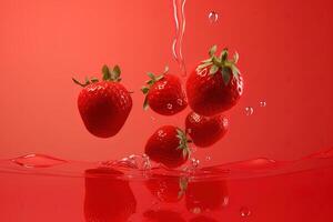 a group of strawberries splashing into strawberry juice. photo