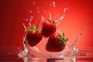 a group of strawberries splashing into strawberry juice. photo