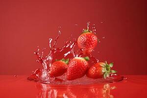 a group of strawberries splashing into strawberry juice. photo