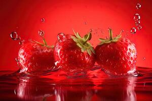 a group of strawberries splashing into strawberry juice. photo
