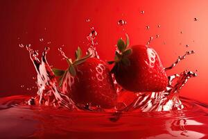 a group of strawberries splashing into strawberry juice. photo